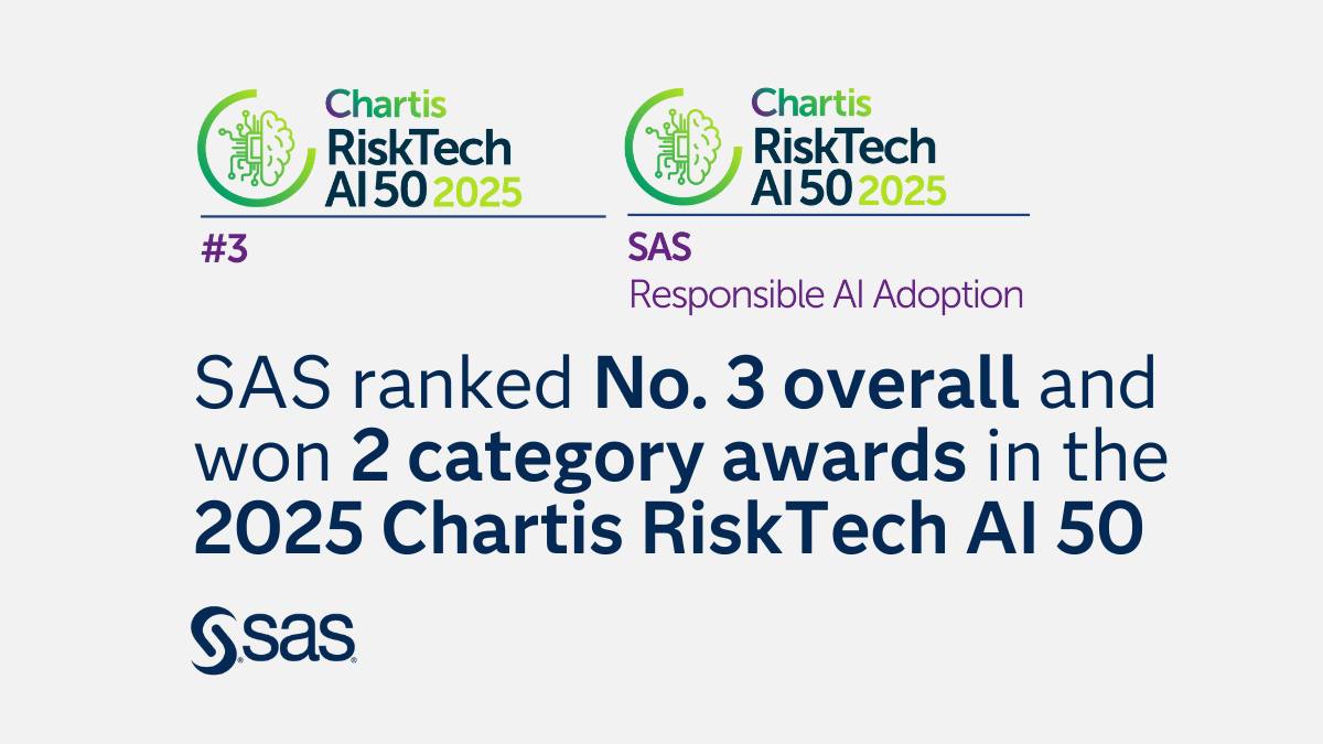 SAS ranked No. 3 overall in Chartis RiskTech AI 50, a comprehensive report of the world’s 50 most impactful and innovative providers of AI-driven risk technology. Two key category awards include: Responsible AI Adoption &amp; Use of AI in Retail Banking! 2.sas.com/61844H4YY