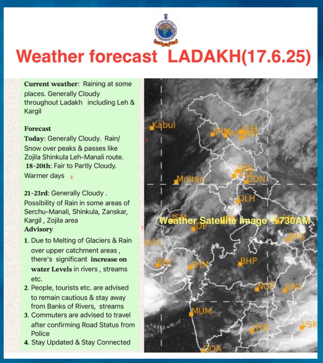 metcentreleh's tweet image. Weather Forecast LADAKH
Rain/Snow( over peaks) occurred at many places during past 24hrs.
Currently, is cloudy at most places with Rain in some areas
饾悈饾惃饾惈饾悶饾悳饾悮饾惉饾惌
饾悡饾惃饾悵饾悮饾惒: Cloudy with Rain in some area
饾煆饾煐-饾煇饾煄饾惌饾悺: Fair to partly cloudy & warm
饾煇饾煆-饾煇饾煈饾惈饾悵: Cloudy/Rain