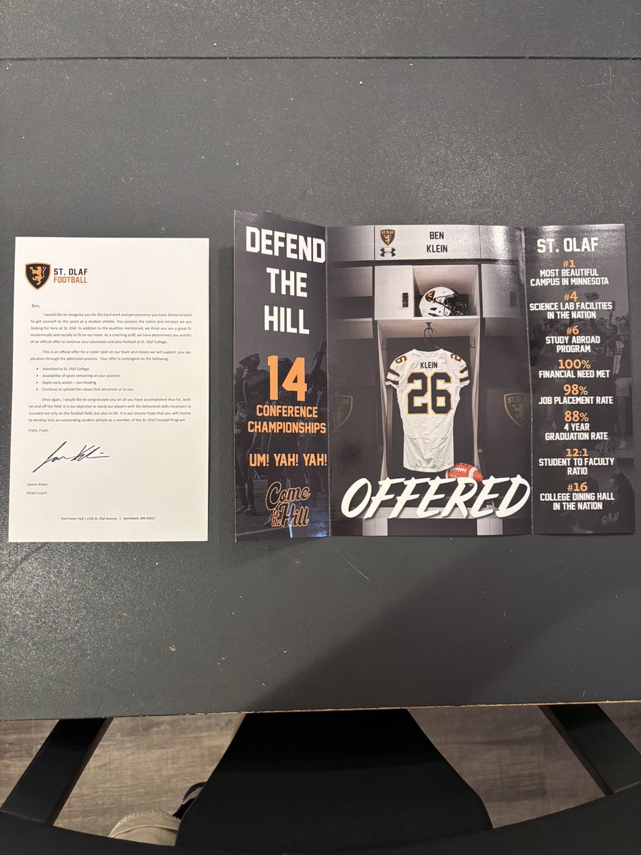 Benjamin Klein (@benjaminkl88744) on Twitter photo After some amazing visits I am blessed to have received an official offer to play college football at St. Olaf College. I want to thank all of the coaching staff especially coach <a href="/JamesKilian/">James Kilian</a> for giving me this truly amazing opportunity.
<a href="/mkleinschrodt20/">Mitchell Kleinschrodt</a> <a href="/StOlafFB/">St. Olaf Football</a> <a href="/PrepRedzoneMN/">Prep Redzone Minnesota</a> After some amazing visits I am blessed to have received an official offer to play college football at St. Olaf College. I want to thank all of the coaching staff especially coach <a href="/JamesKilian/">James Kilian</a> for giving me this truly amazing opportunity.
<a href="/mkleinschrodt20/">Mitchell Kleinschrodt</a> <a href="/StOlafFB/">St. Olaf Football</a> <a href="/PrepRedzoneMN/">Prep Redzone Minnesota</a>