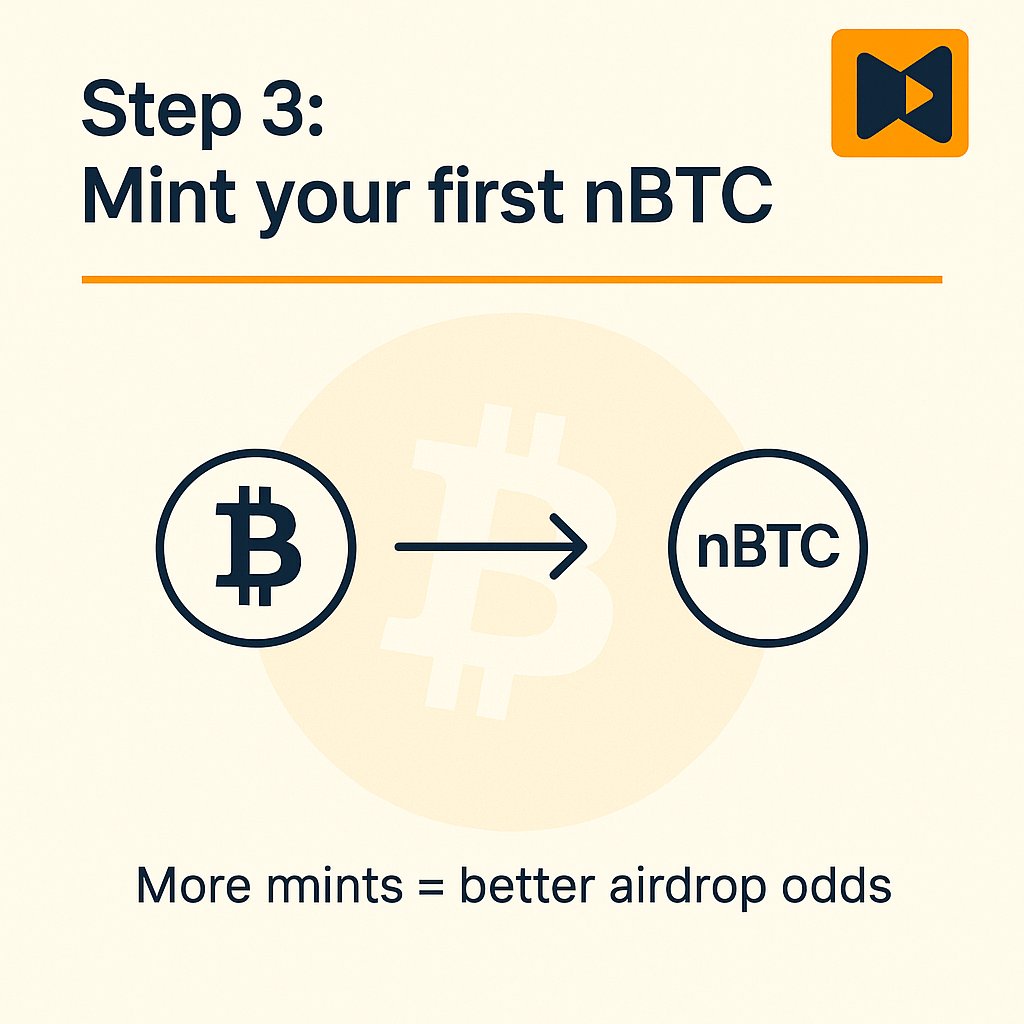 lakshay's tweet photo. 7/
Step 3 - Mint nBTC
🏗️ Step 3: Mint nBTC
Swap test SUI → nBTC
(~25,000 test SUI/nBTC on testnet)
🚨 Mint multiple times to increase visibility in whitelist/NFT campaigns.
More tx = more signal!
#goNative #BYield #TestnetAirdrop https://t.co/hW4DvOfekl