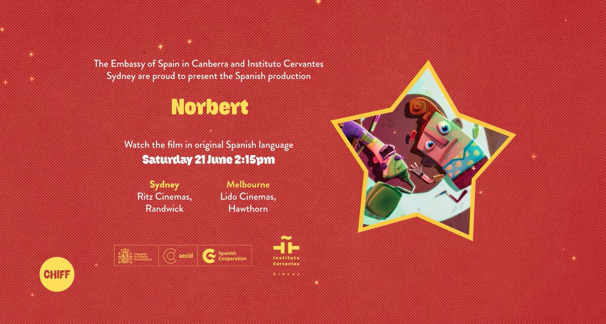 Instituto Cervantes Sídney (@ic_sydney) on Twitter photo Instituto Cervantes Sydney and <a href="/EmbEspAustralia/">Embajada España en Australia - Embassy of Spain AU</a> are proud to co-present Norbert in Spanish at Children's International Film Festival!
- Saturday 21 June
- 2:15 pm
- Sydney: Ritz Cinemas, Randwick
- Melbourne: Lido Cinemas, Hawthorn
🎟️ Info & tickets: chiff.com.au/films/norbert-… Instituto Cervantes Sydney and <a href="/EmbEspAustralia/">Embajada España en Australia - Embassy of Spain AU</a> are proud to co-present Norbert in Spanish at Children's International Film Festival!
- Saturday 21 June
- 2:15 pm
- Sydney: Ritz Cinemas, Randwick
- Melbourne: Lido Cinemas, Hawthorn
🎟️ Info & tickets: chiff.com.au/films/norbert-…