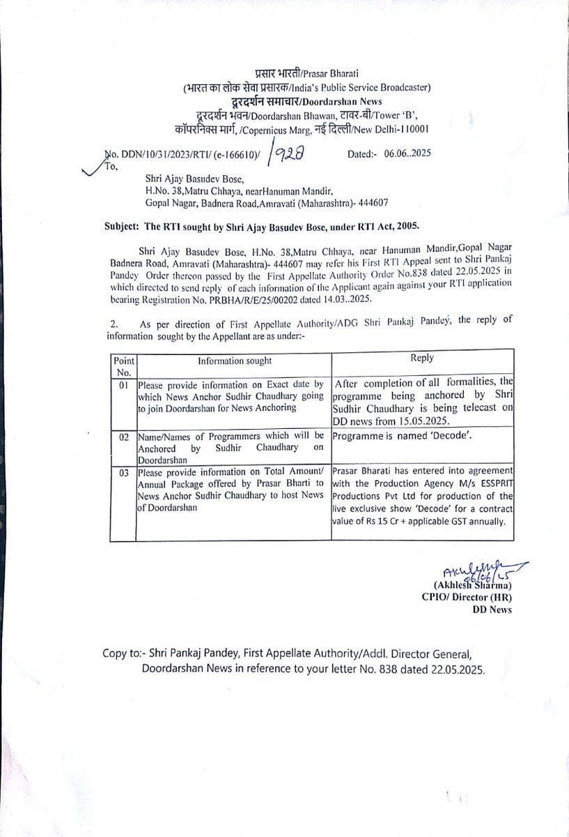 AjayBos93388306's tweet image. RTI reply recvd 4m @DDNewslive shows @prasarbharati of Govt of India paying a Whopping Rs 15 Crores Annually to News Anchor @sudhirchaudhary production agency M/S ESSPRIT Pvt Ltd for Live &amp;amp; Exclusive show #DECODE on @DDNewslive 
What do you think on this plz comment…