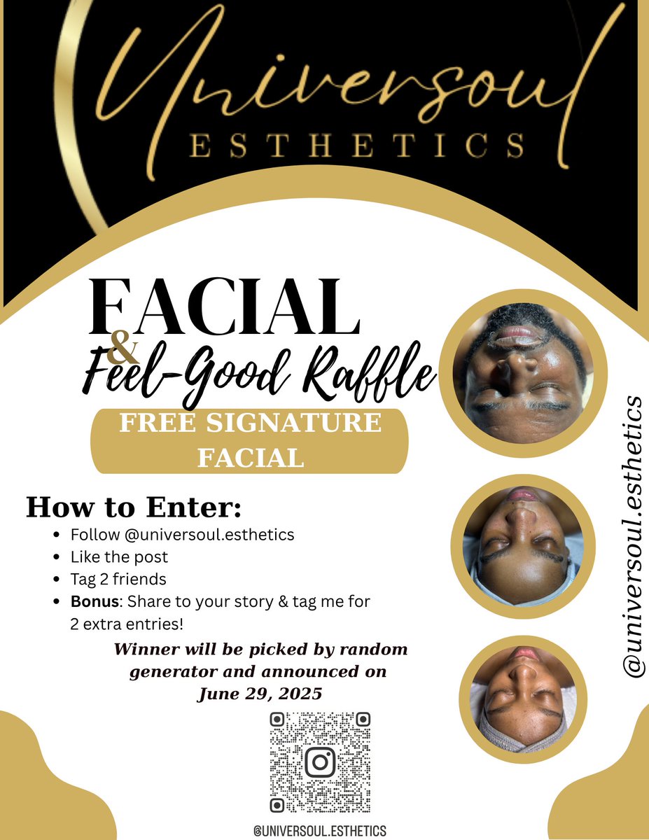 universoulx's tweet image. I’m not on here much, but I’m running my first raffle over on IG @ universoul.esthetics! 🎉 
You could win a FREE signature facial 💆🏾‍♀️✨ 💆🏾‍♂️
Check out the flyer and details on my page! #facialgiveaway #skincare 
#esthetician 

Must be located in the Baton Rouge, LA area