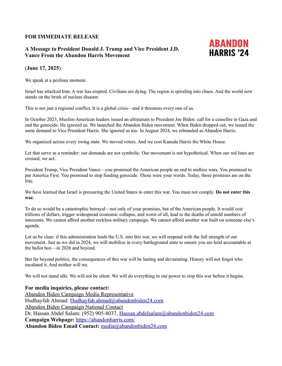 Abandonbiden24's tweet image. A Message to President Donald J. Trump and Vice President J.D. Vance From the Abandon Harris Movement

"Let us be clear: if this administration leads the U.S. into this war, we will respond with the full strength of our movement."