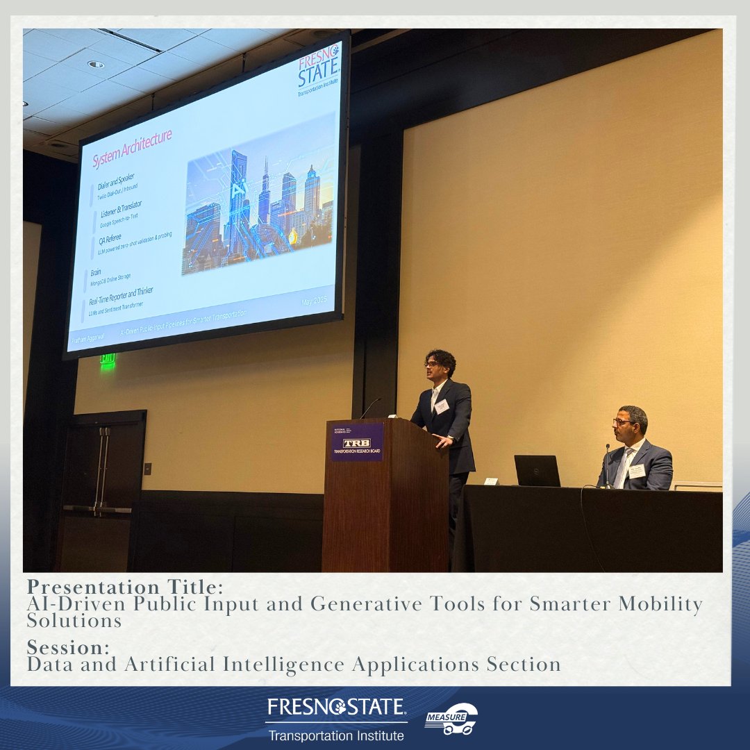 🚀 Big ideas at the 2025 TRB Conference!
FSTI Student Fellow Pratham Aggarwal, alongside Dr. Aly Tawfik, presented on how AI-driven public input is shaping the future of smarter, more responsive transportation systems. 🤖🛣️

#AI #Transportation  #FresnoState #GenerativeAI #FSTI