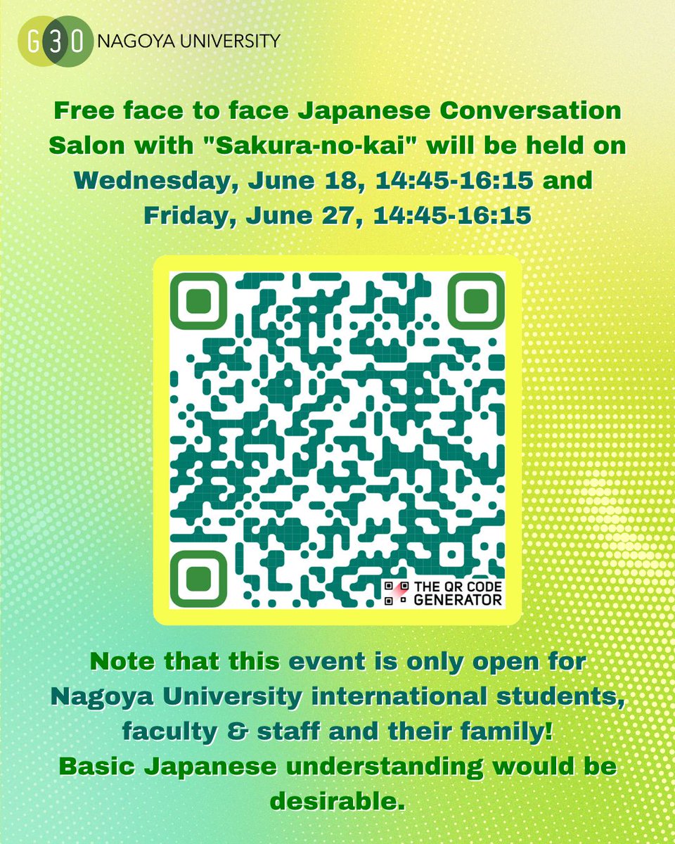 🌸 Free Japanese Conversation Salon 🌸
Practice Japanese with friendly locals from "Sakura-no-kai"!
June 18 &amp; 27, 14:45–16:15
Nagoya University
Open to intl. students, faculty, staff &amp; families!
#NagoyaUniversity #SakuraNoKai #JapanLife #名古屋大学 #NuG30
