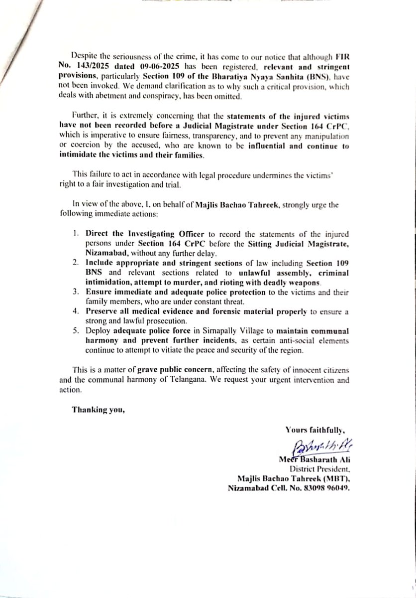 Amjed Ullah Khan MBT (@amjedmbt) on Twitter photo .<a href="/MBTparty/">Majlis Bachao Tehreek (MBT)</a> delegation meets Commissioner of Police Nizamabad demands arrest of all those involved in attack on Ahmed Ullah Khan and his family:
<a href="/revanth_anumula/">Revanth Reddy</a> <a href="/TelanganaDGP/">DGP TELANGANA POLICE</a>
<a href="/TelanganaCMO/">Telangana CMO</a> <a href="/cp_nizamabad/">CP Nizamabad</a>
A delegation led by Mir Basharath Ali (MBT President Nizamabad District) met .<a href="/MBTparty/">Majlis Bachao Tehreek (MBT)</a> delegation meets Commissioner of Police Nizamabad demands arrest of all those involved in attack on Ahmed Ullah Khan and his family:
<a href="/revanth_anumula/">Revanth Reddy</a> <a href="/TelanganaDGP/">DGP TELANGANA POLICE</a>
<a href="/TelanganaCMO/">Telangana CMO</a> <a href="/cp_nizamabad/">CP Nizamabad</a>
A delegation led by Mir Basharath Ali (MBT President Nizamabad District) met