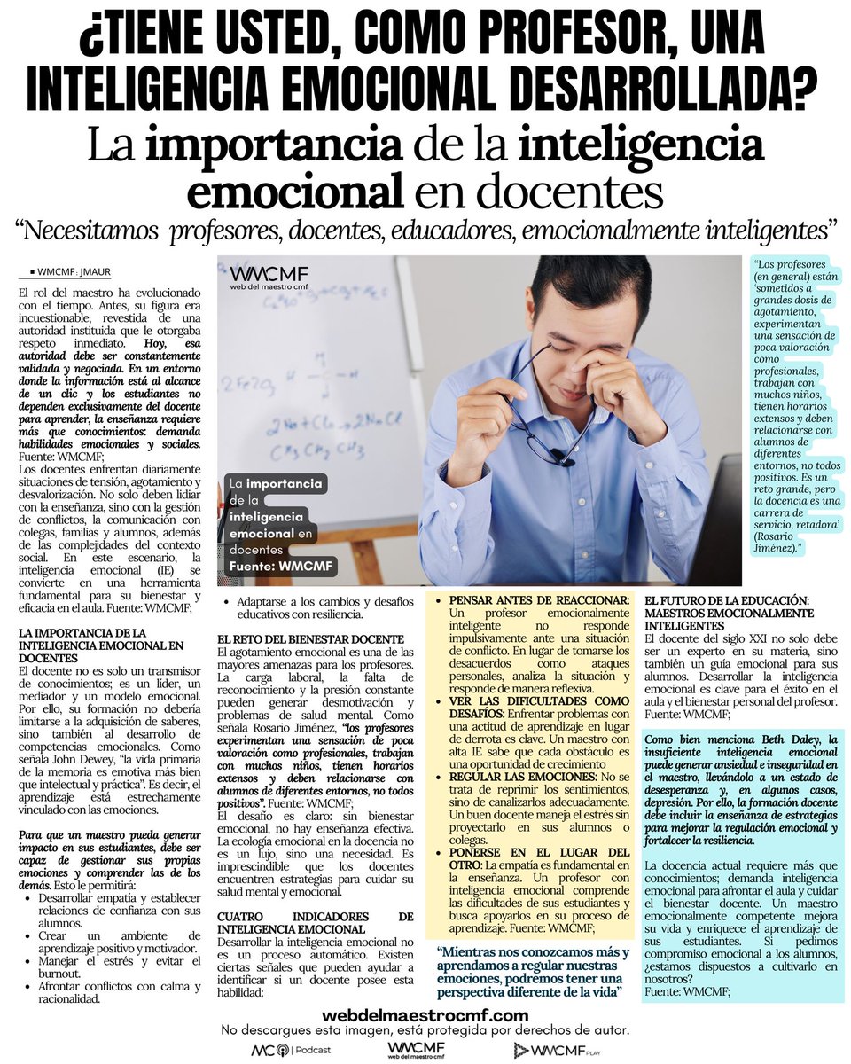 ¿Tiene usted, como profesor, una inteligencia emocional desarrollada? La importancia de la inteligencia emocional en docentes. “Necesitamos  profesores, docentes, educadores, emocionalmente inteligentes” Enlace: webdelmaestrocmf.com/portal/tiene-u…

El rol del docente ha cambiado, y hoy su