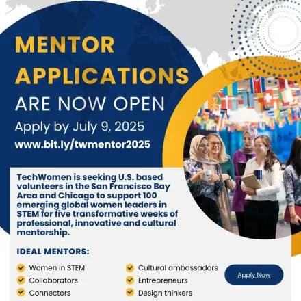 opportunitiesfy's tweet photo. Calling all STEM professionals! Mentor emerging women leaders from Africa, Asia, the Middle East & Europe with #TechWomen 2025! 3 unique roles. Empower. Connect. Inspire.
Deadline: July 9
Apply: https://t.co/GfkpPUCPIY
#STEM #WomenInSTEM #Mentorship #TechForGood https://t.co/hBkNJpRO69