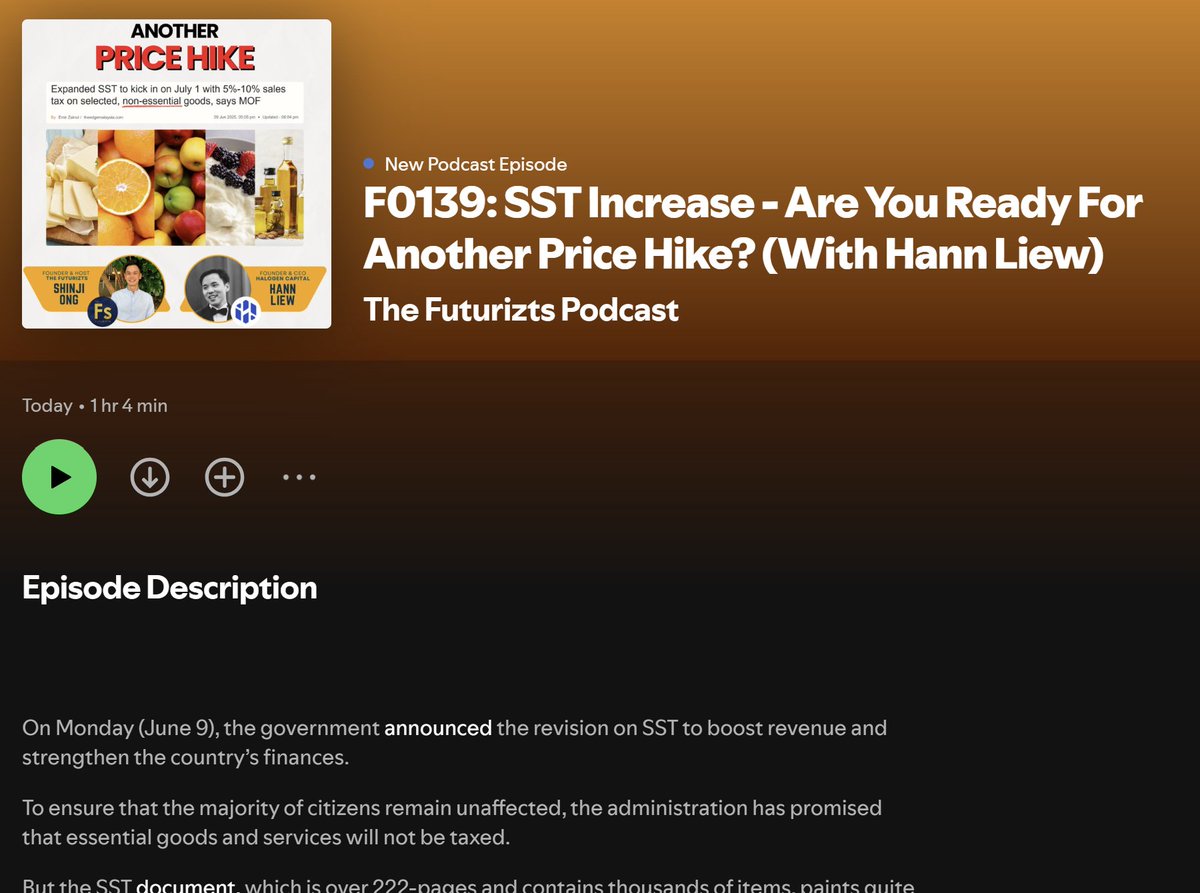 Hopefully, this gives you a better idea on how wide the new SST coverage is.

I discussed this with Hann Liew (founder of RinggitPlus and Halogen Capital) on Sunday.

We also touched on how to cope with price hikes.

Listen to the replay:
open.spotify.com/episode/0rHPND…