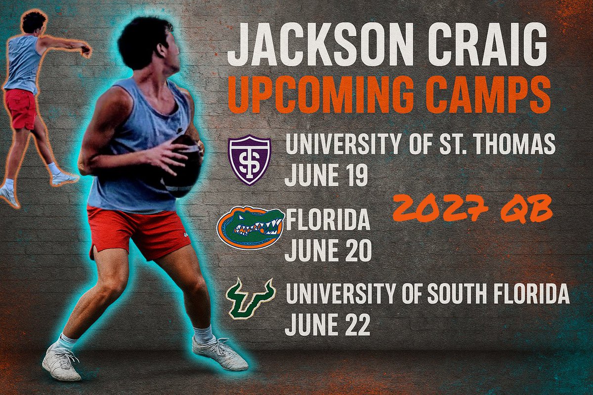 Thank you to all the coaches who’ve invited me to camps. I truly appreciate every opportunity. I wish I could attend them all!

Here’s my schedule for this week. Excited to compete, learn, and show what I can do. 🔥🏈
#QBProspect #ClassOf2027 #RecruitingOpen #QB1 #CampSeason