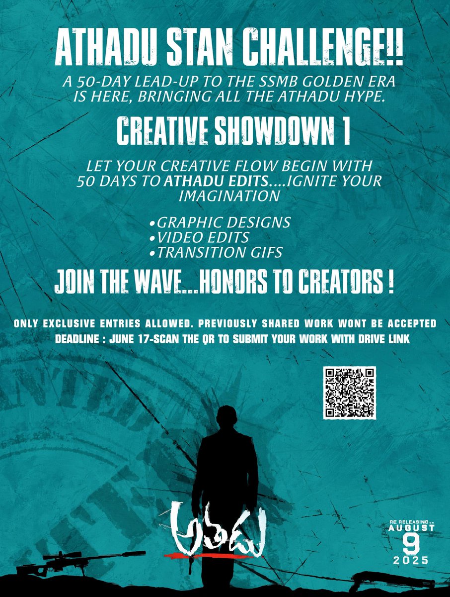 Reminder 🚨🚨

Athadu Stan challenge - 

Today is the last day for submissions!

Link 👇🏻
docs.google.com/forms/d/e/1FAI…

Read the disclaimer and make sure to fill the details properly 

<a href="/urstrulyMahesh/">Mahesh Babu</a> #SSMB29 #Athadu4K <a href="/Athadu4K/">Athadu4K</a>