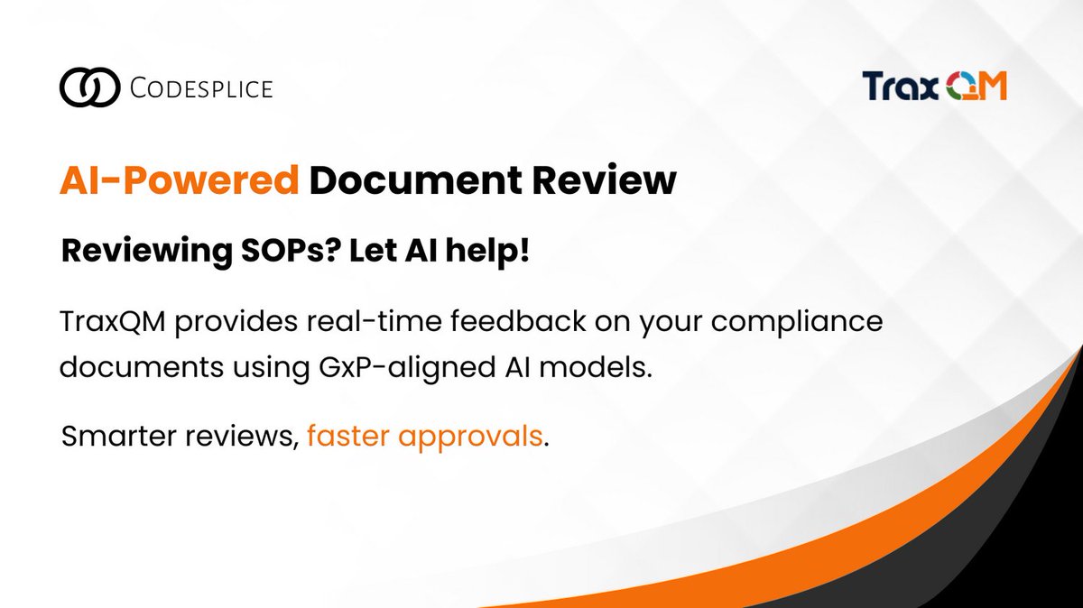 Codesplice Ltd (@codespliceltd) on Twitter photo AI-Powered Document Review
π Reviewing SOPs? Let AI help!
TraxQM provides real-time feedback on your compliance documents using GxP-aligned AI models.
Smarter reviews, faster approvals.
traxqm.com AI-Powered Document Review
π Reviewing SOPs? Let AI help!
TraxQM provides real-time feedback on your compliance documents using GxP-aligned AI models.
Smarter reviews, faster approvals.
traxqm.com