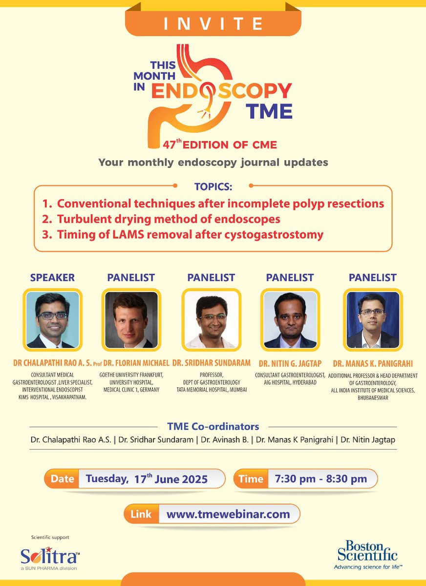 🔍 Join us for the 47th edition of TME - This Month in Endoscopy
📅 Date: 17th June 2025
🕢 Time: 7:30–8:30 PM IST
📌 Topics:
1️⃣ Incomplete polyp resection techniques
2️⃣ Turbulent drying of endoscopes
3️⃣ Timing of LAMS removal
🔗 tmewebinar.com
#GITwitter #Endoscopy