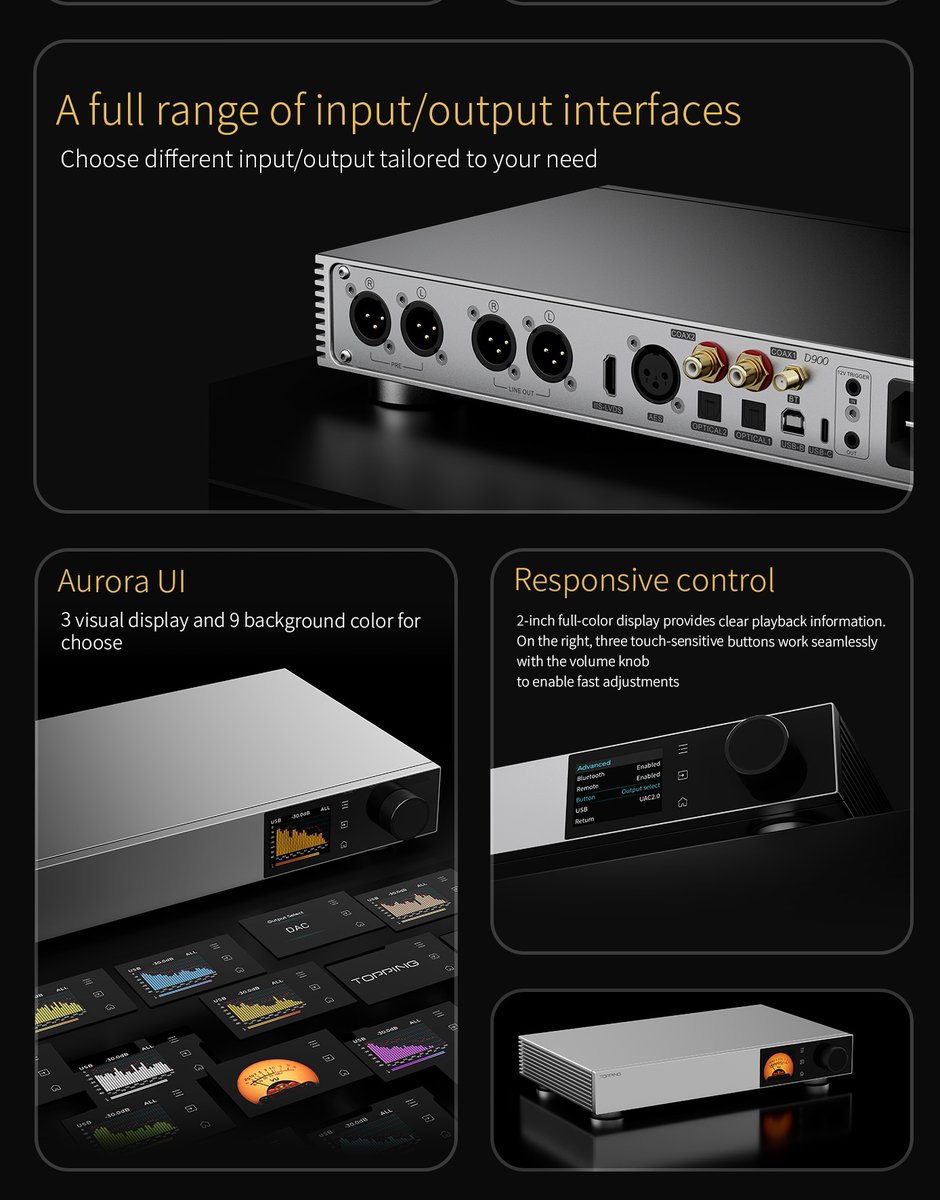 The ultra-flagship DAC D900 is officially released! Price: $1799 USD
* Features a brand-new discrete 1-bit decoding architecture with 32-element PSRM module
* Achieves ultra-low harmonic distortion below -140dB and an impressive 131dB SNR, rivaling top-tier DAC chips
* Integrated