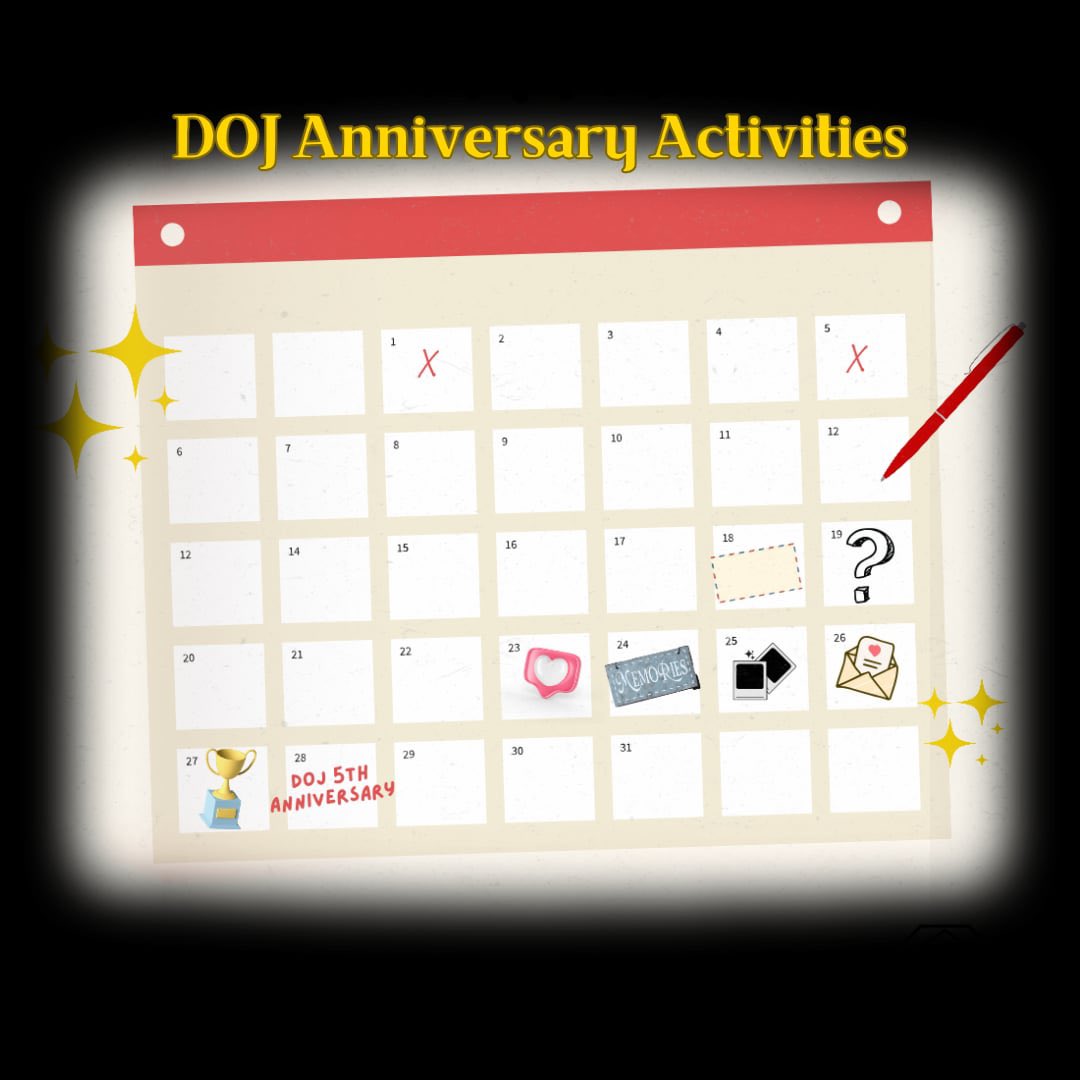 DOJ's anniversary is approaching! Come &amp; join us as we celebrate our anniversary with fun activities and games.🤩💛

Note:
Each activity corresponds to one raffle entry

BEBEDOVE5 EVER AND ALWAYS
<a href="/1stoneOfficial/">1ST ONE</a> #1stOne
<a href="/1stoneofc_joker/">1st One Joker</a> #1stOne_JOKER
#FiveYearsWithJok