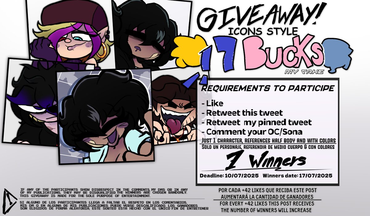 ✨SORTEO/GIVEAWAY ICONS STYLE 17 BUCKS✨

Requisitos para participar:        
• Like    
• RT &amp; RT a mi tweet fijado      
• Comenta tu Oc/Sona    

° Fecha limite para participar: 10/07/25 ✨
Buena suerte dude!  🐱