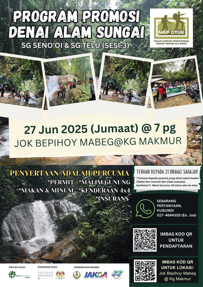 Inginkan cabaran yang mendebarkan? 🤔
Minat mendaki dan menerokai alam semula jadi? 😁

Jom sertai explorasi Denai Alam Sungai melalui Sungai Seno'oi &amp; Sungai Telu di Kampung Makmur pada 27 Jun 2025.

👉🏻 Daftar sekarang: bit.ly/3SWqG5Q

#Hiking #EcoTourism #SupportLocal