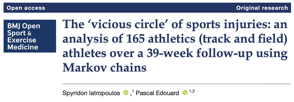 PascalEdouard42's tweet image. 🚨ARTICLE🚨

"The ‘vicious circle’ of sports injuries: an analysis of 165 athletics (track and field) athletes over a 39-week follow-up using Markov chains"

A concept: Vicious circle of sports injuries
An innovative analytical approach: Markov chain

OA👉bmjopensem.bmj.com/content/11/2/e…