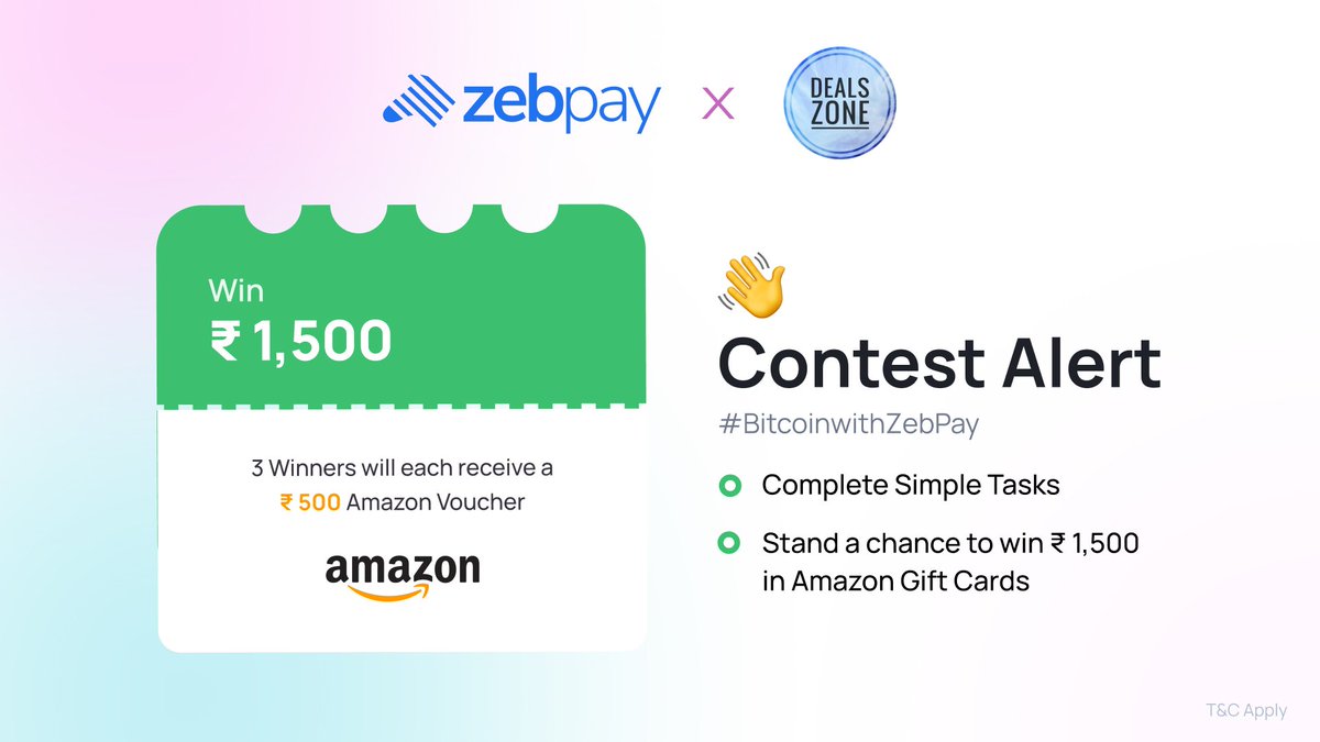 Deals Zone (@dealszoneindia) on Twitter photo #ContestAlert ⚡
We’re thrilled to launch our campaign in collaboration with @ZebPay to give away ₹1500 in Amazon gift cards!
How to Enter:
1. Follow @ZebPay & <a href="/DealsZoneIndia/">Deals Zone</a>
2. Like and RT this post
3. Tag 2 friends in the comments and use #BitcoinWithZebPay
⏰ Hurry! The #ContestAlert ⚡
We’re thrilled to launch our campaign in collaboration with @ZebPay to give away ₹1500 in Amazon gift cards!
How to Enter:
1. Follow @ZebPay & <a href="/DealsZoneIndia/">Deals Zone</a>
2. Like and RT this post
3. Tag 2 friends in the comments and use #BitcoinWithZebPay
⏰ Hurry! The