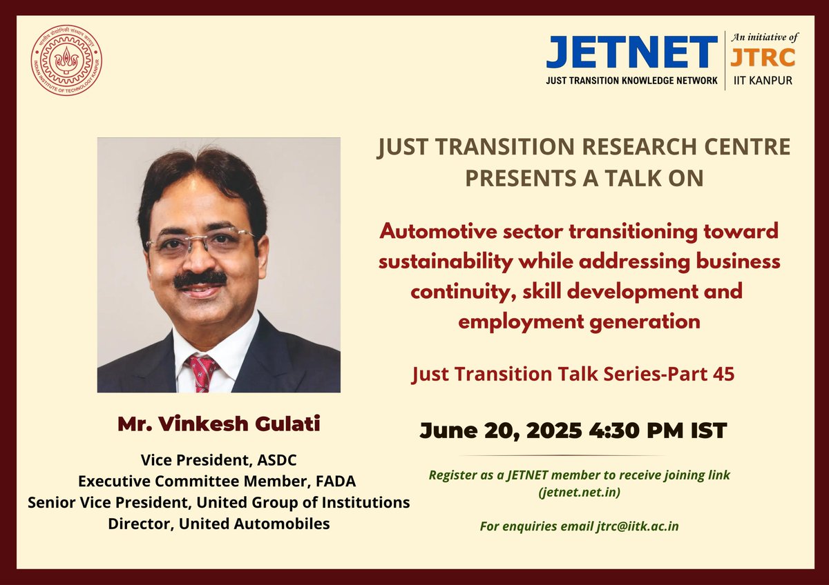 Talk alert 📢 

We are delighted to host Mr. Vinkesh Gulati, Vice President, <a href="/SkillsASDC/">ASDC</a>, for Part 45 of our Just Transition Talk Series!

📅 Date: 20th June 2025
🕓 Time: 04:30 PM IST

📌 Register as a JETNET member to join the live session: docs.google.com/forms/d/e/1FAI…