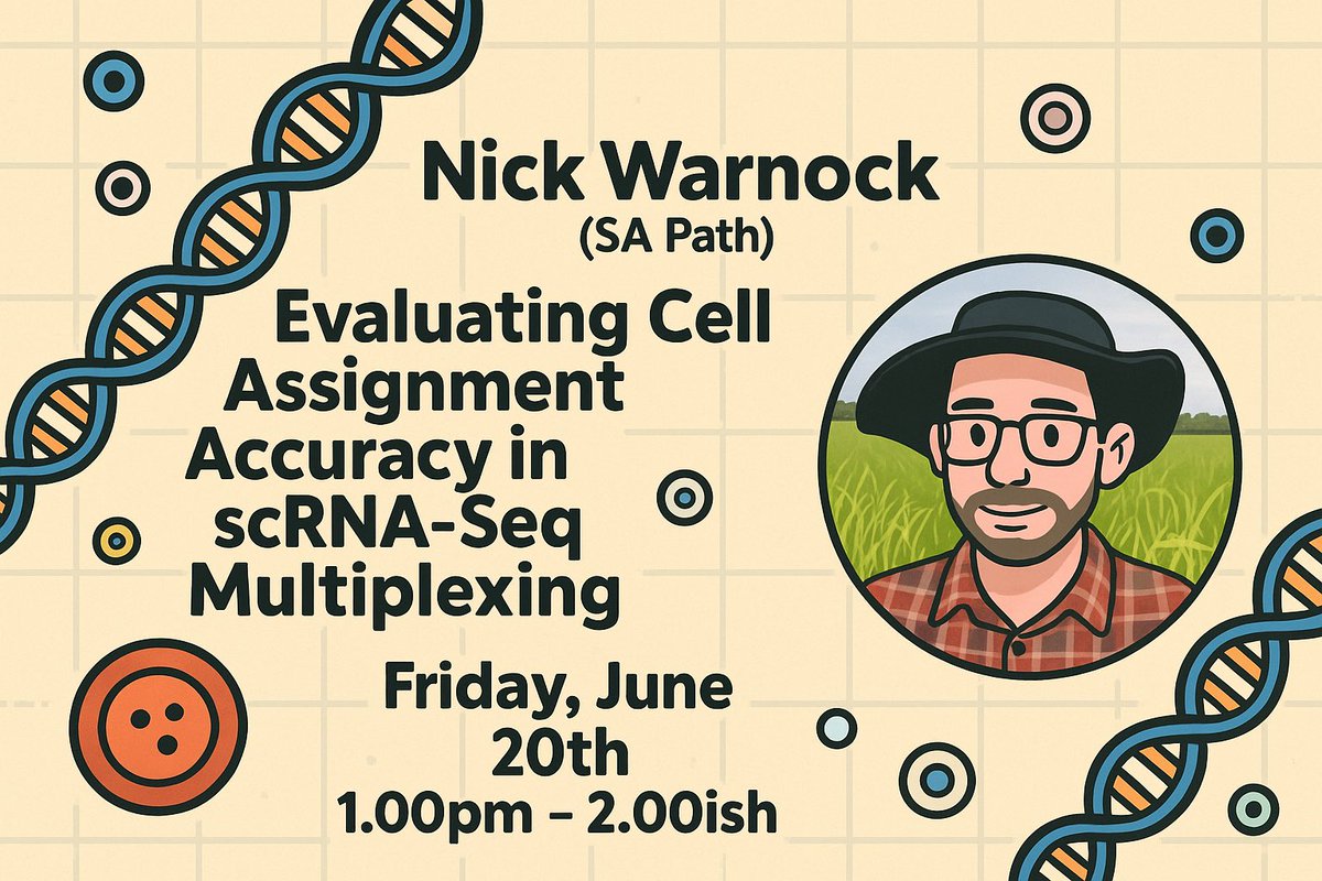 doppeldata's tweet image. Next up in the #Adelaide #Bioinformatics Seminar series…
Nick Warnock (@SAPathology)
“Evaluating Cell Assignment Accuracy in #scRNA-Seq #Multiplexing”
Friday, June 20; 1:00–2:00ish
Drop in. Stay curious. Multiplex wisely.
Info here: doppeldata.au/events/events.…
