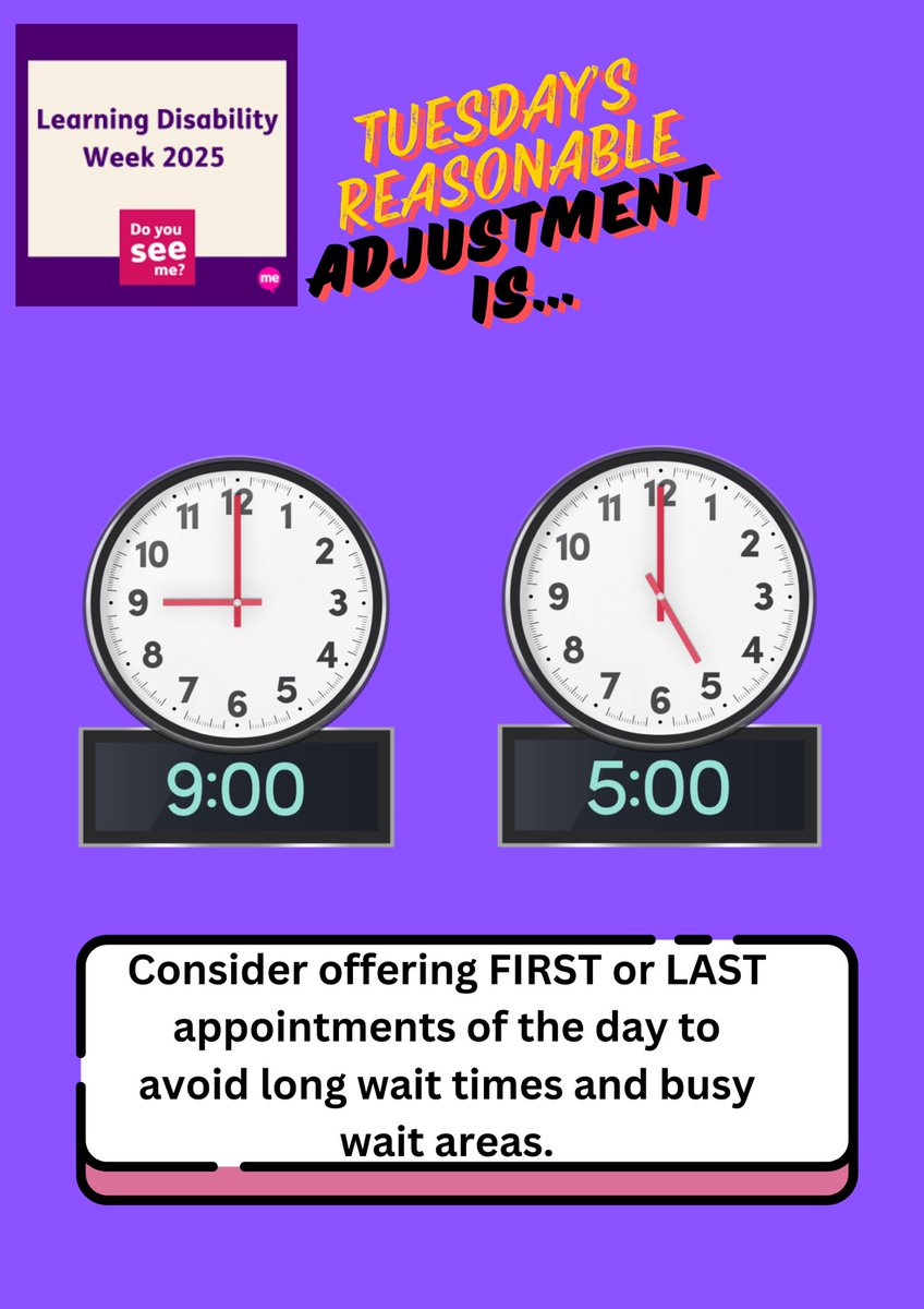 2nd day for LD week 2025 and our reasonable adjustment of the day is offering first or last appointment of the day.
This adjustment allows for a less overwhelming experience, improving their ability to engage with the appointment and receive appropriate care.