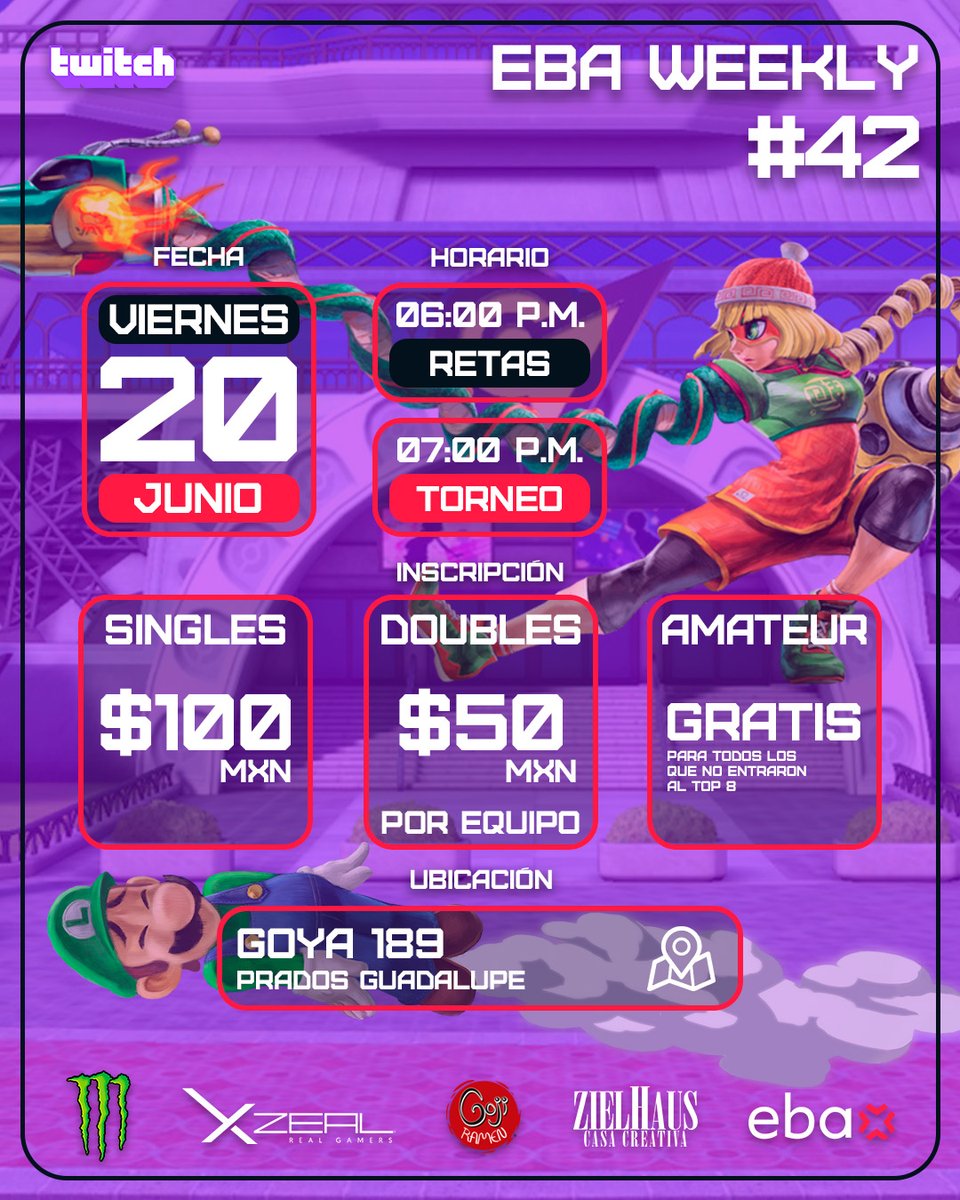 ¡Los invitamos a todos a participar en la edición #42 de #EBAWeekly! 💢
📅 Viernes 20 de Junio a las 07:00p.m.
📌 Zielhaus Casa de creacion digital | Goya 189, Prados de Guadalupe, Zapopan.
💲 100 pesos de inscripción a Singles y 50 pesos a Doubles.
start.gg/tournament/eba…