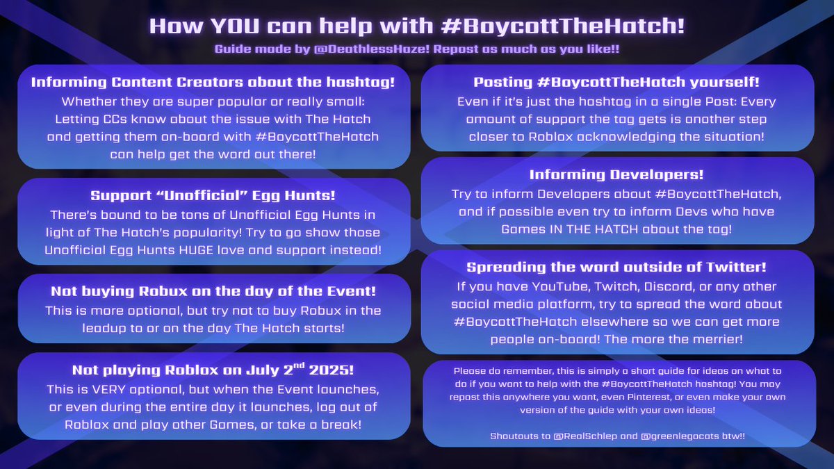 โโญ | Haze the Monarch | #FreeSchlep (@deathlesshaze) on Twitter photo <a href="/RoCatchers/">RoCatchers</a> HEY!! Btw if you want additional ideas on how to help with #BoycottTheHatch here's a short guide I threw together!
RoCatchers admins lmk if this is fine or not btw, if not I'll remove it asap ๐ <a href="/RoCatchers/">RoCatchers</a> HEY!! Btw if you want additional ideas on how to help with #BoycottTheHatch here's a short guide I threw together!
RoCatchers admins lmk if this is fine or not btw, if not I'll remove it asap ๐
