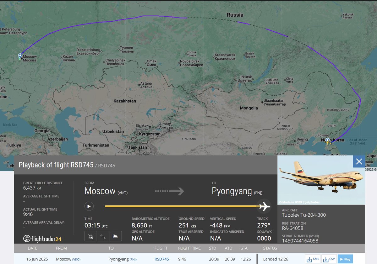 flightradar24's tweet photo. 2 Russian government aircraft have just landed in Pyongyang, North Korea. https://t.co/eQ32d2VlAM