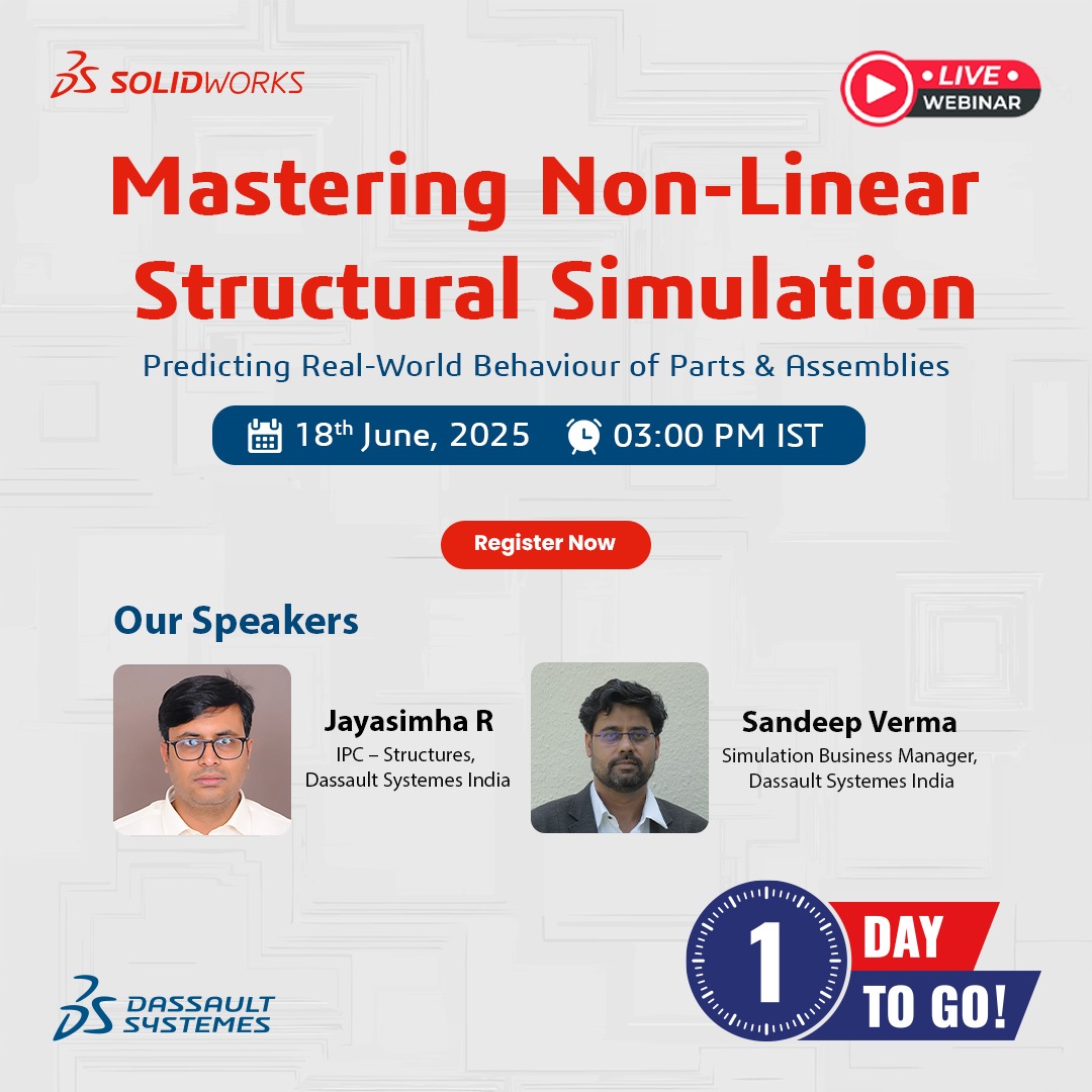 Just 1 Day to Go!

If your simulations don’t account for material non-linearity, large deformations, or contact conditions—you’re not ready for the real world.

Don’t miss it. Register Now: discover.solidworks.com/mastering-non-…

#FEA #ABAQUS #ProductDesign #EngineeringWebinar
