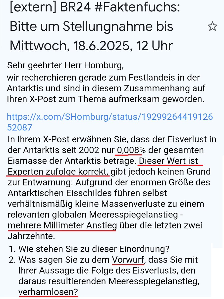 Email vom Bayerischen Rundfunk
Ist Antarktiseis-Verharmlosung strafbar? Der Eisanstieg seit 2020 sogar Leugnung? Was meint die Jura-Bubble? Vorwürfe staatlicher Stellen sind ja nicht ohne: --> x.com/SHomburg/statu…