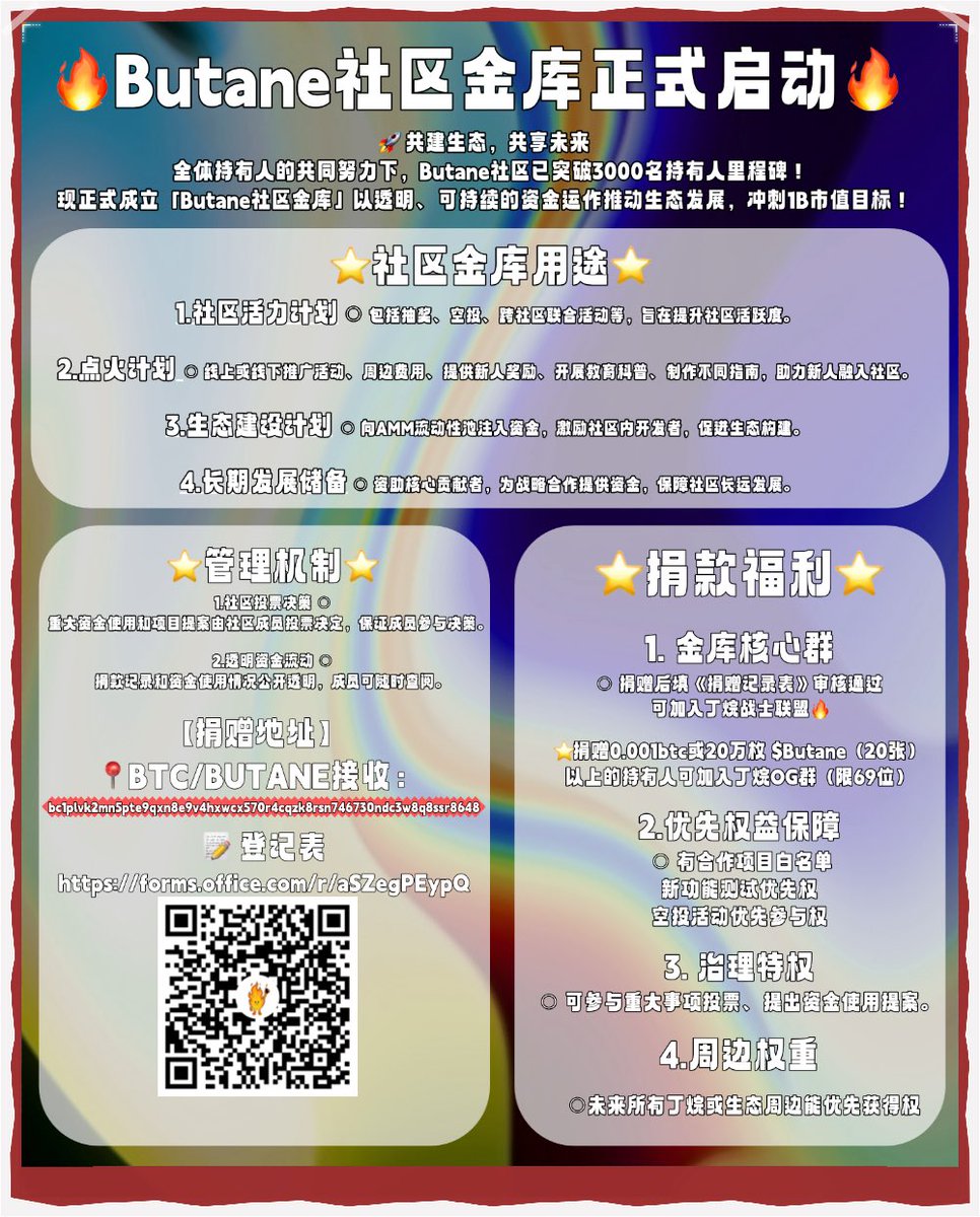 🔥 Butane社区金库启动‼️‼️

🚀 目标：推动生态发展，冲刺1B市值！  

💰 捐赠地址：  
bc1plvk2mn5pte9qxn8e9v4hxwcx570r4cqzk8rsn746730ndc3w8q8ssr8648

📝 地址登记：forms.office.com/r/aSZegPEypQ 

✨ 用途：  
✔️ 社区活动 &amp; 空投  
✔️ 推广 &amp; 新人奖励  
✔️ 流动性 &amp; 开发者激励  
✔️ 长期发展储备