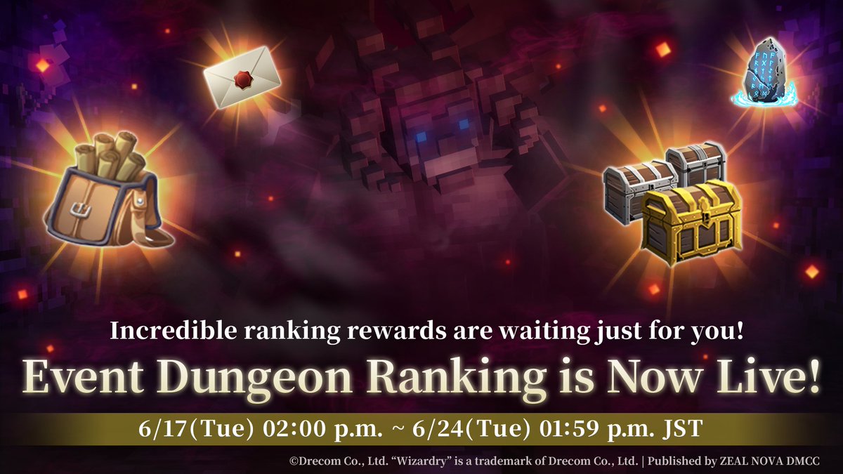 Event Dungeon Now Live!⚔️
Team up your party wisely and make your way through the dungeon!
Luxurious ranking rewards are waiting just for you.

✅Event Duration (JST):
6/17 (Tue) 2:00 p.m. - 6/24(Tue) 1:59 p.m.

#ECWiz #WizardryBC