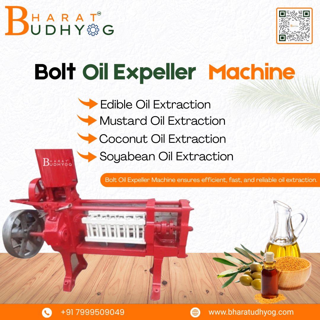 Bharatudhyog_'s tweet image. Maximize oil extraction with Bharat Udhyog’s Bolt Oil Expeller Machine! Perfect for mustard, coconut, soybean, and edible oils—engineered for high efficiency, durability, and reliable performance in every batch. #OilExtractionMachine #MustardOilMachine #CoconutOilPress