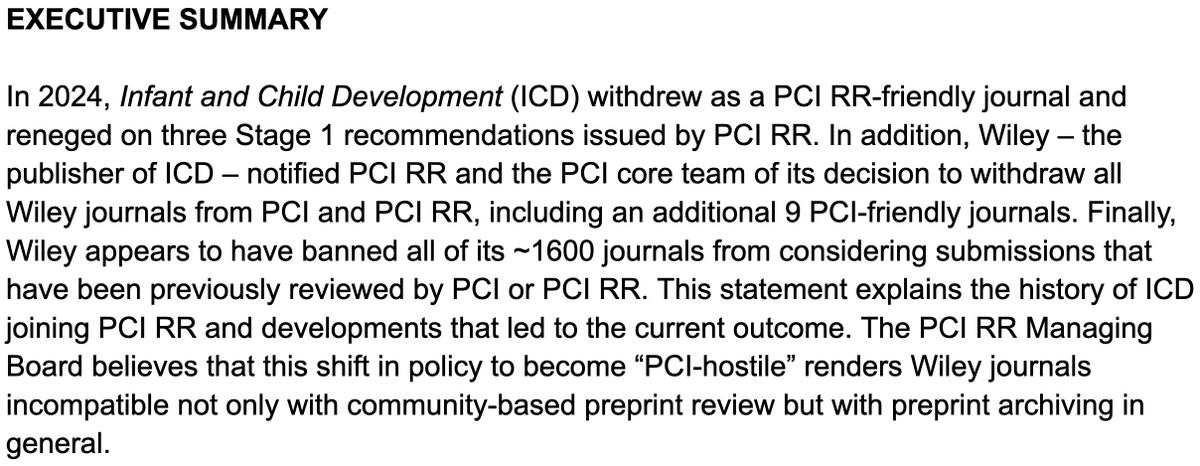 PCI Registered Reports (@pcirr@spore.social) (@pci_regreports) on Twitter photo NEW: Statement from the PCI RR Managing Board on the withdrawal of Infant and Child Development as a PCI RR-friendly journal, and the decision by Wiley to refuse preprints that have been peer-reviewed by <a href="/PeerCommunityIn/">Peer Community In</a> / <a href="/PCI_RegReports/">PCI Registered Reports (@pcirr@spore.social)</a>
Read here➡️osf.io/tn8mh NEW: Statement from the PCI RR Managing Board on the withdrawal of Infant and Child Development as a PCI RR-friendly journal, and the decision by Wiley to refuse preprints that have been peer-reviewed by <a href="/PeerCommunityIn/">Peer Community In</a> / <a href="/PCI_RegReports/">PCI Registered Reports (@pcirr@spore.social)</a>
Read here➡️osf.io/tn8mh
