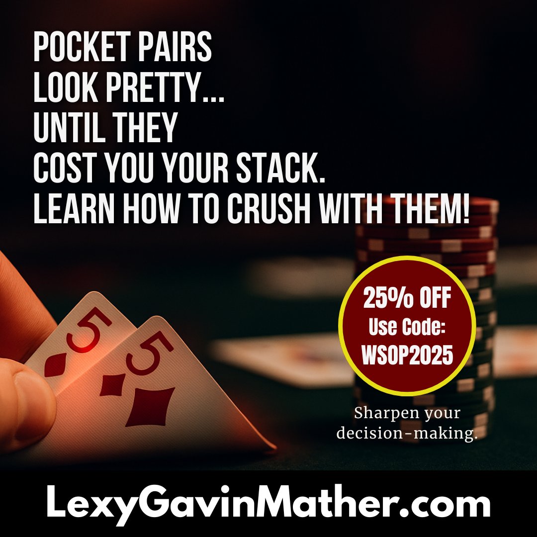 LexyGavinPoker's tweet image. Pocket pairs look pretty—until they cost you your stack.
Hands like pocket 5s or 7s feel strong, but overplaying them is a common leak. Learn how to crush with them &amp;amp; and how to sniff out trouble when overcards hit.
Play smarter, not just harder — get 25% off with code WSOP2025.…