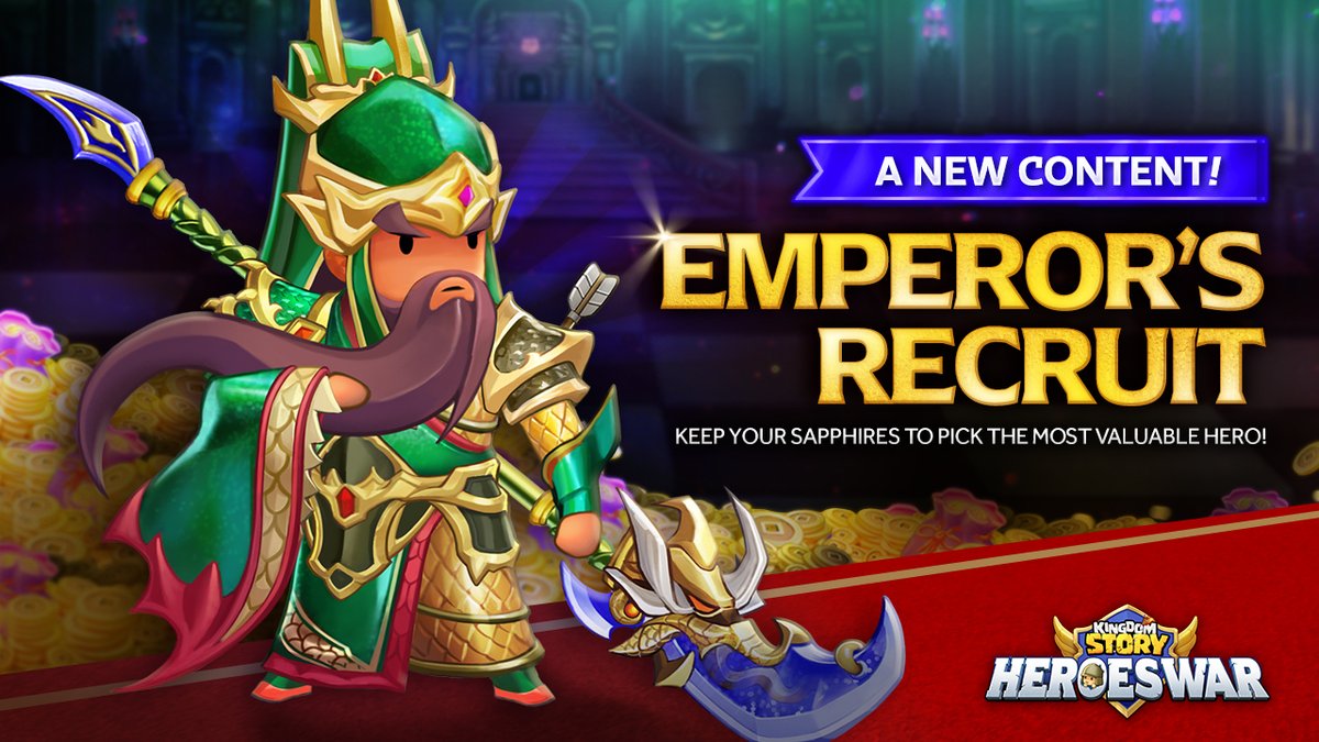 ❤️‍🔥Emperor's Recruit Coming Soon!❤️‍🔥
Come and check out the awesome list of heroes for Emperor's Recruit! Who will be the lucky Monarch to recruit ⚔God of War Guan Yu⚔?  

The Emperor's Recruit, where you can earn the chance to become the holder of the ORIGIN HEROES, is coming up