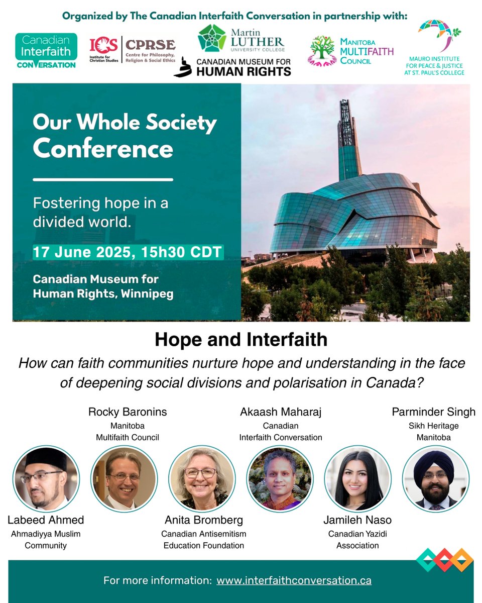 Can Canadians of different faiths stand together, in defiance of social and political conflicts that would drive us all apart?

I will moderate a discussion on fostering hope through interfaith understanding, at Our Whole Society, today, in Winnipeg.

interfaithconversation.ca 🕊️