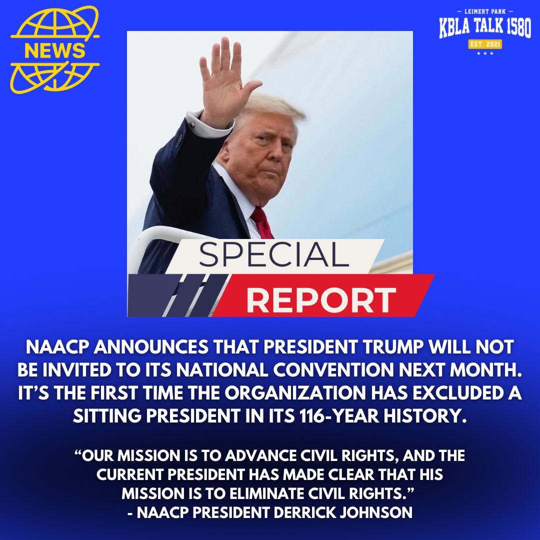 The NAACP announces that President Trump will not be invited to its national convention next month. 

It’s the first time the organization has excluded a sitting president in its 116-year history.

#kbla1580 #unapologeticallyprogressive #nationalconvention #naacp #donaldtrump