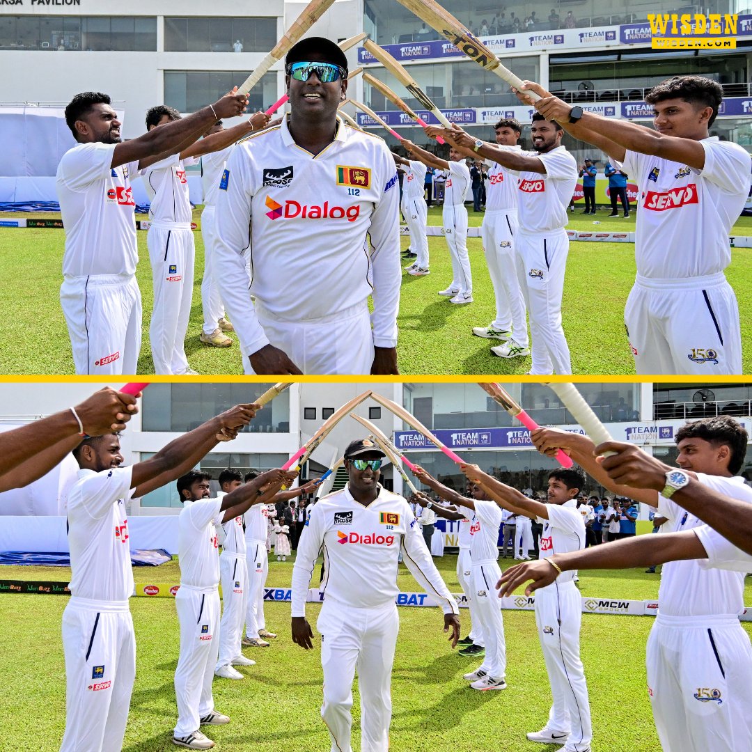 A fitting guard of honor for Angelo Mathews in his final Test for Sri Lanka🙌

#AngeloMathews #SLvBAN