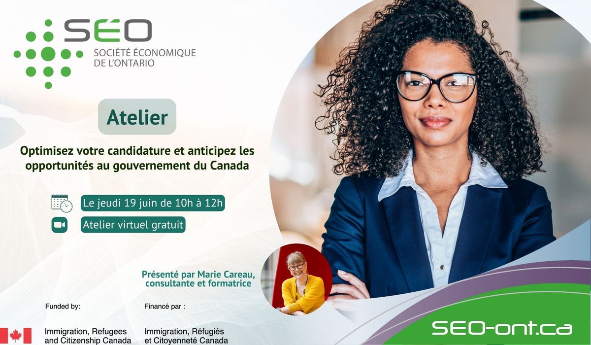 📢 Atelier virtuel : Optimisez votre candidature et anticipez les opportunités  au gouvernement du Canada

Rejoignez l’atelier animé par Marie Careau, consultante et formatrice spécialisée 

📅 19 juin 2025 | 🕙 10h-12h
💻 Gratuit : buff.ly/zB4k3MX