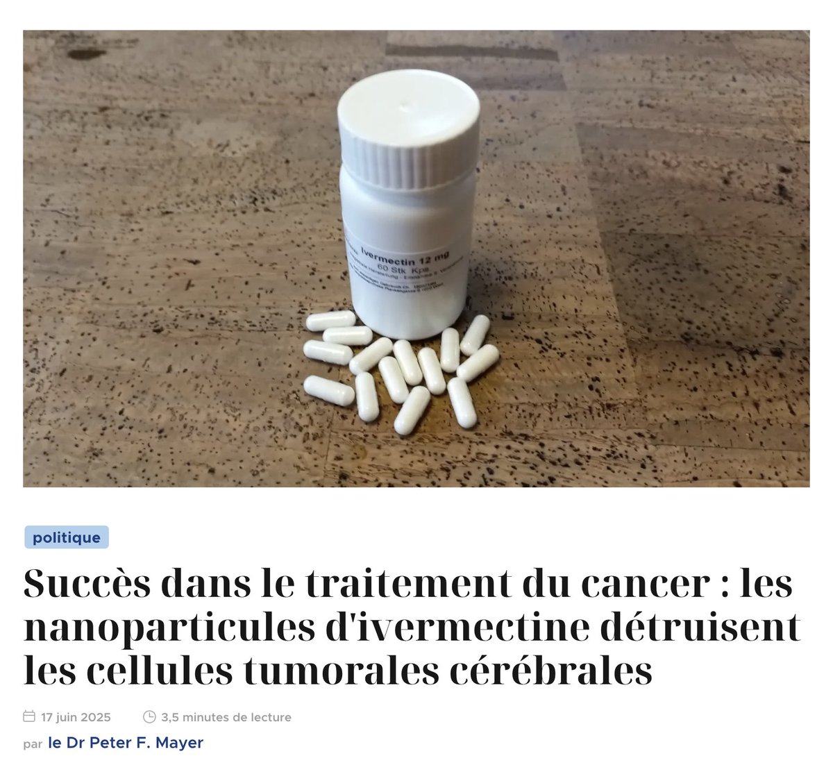 SILVANO TROTTA OFFICIEL (@silvano_trotta) on Twitter photo Tous les jours des témoignages de guérisons de cancers (le plus souvent à un stade avancé) chez <a href="/MakisMD/">William Makis MD</a> grâce à l'Ivermectine.
Des oncologues brésiliens viennent d'annoncer une avancée majeure dans la lutte contre le cancer et les tumeurs cérébrales. L'Ivermectine est efficace Tous les jours des témoignages de guérisons de cancers (le plus souvent à un stade avancé) chez <a href="/MakisMD/">William Makis MD</a> grâce à l'Ivermectine.
Des oncologues brésiliens viennent d'annoncer une avancée majeure dans la lutte contre le cancer et les tumeurs cérébrales. L'Ivermectine est efficace