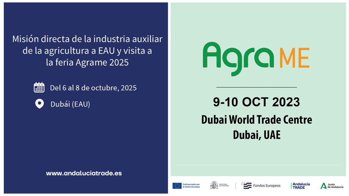 Andalucía TRADE (@trade_andalucia) on Twitter photo 📣CONVOCATORIA
Misión directa de la industria auxiliar de la #agricultura a la feria <a href="/AgraMiddleEast/">Agra Middle East</a> en #EAU
🗓️ 6-10 Oct, 2025
📍 Dubái (Emiratos Árabes Unidos)
Convocatoria abierta hasta el 23/6
🔗andaluciatrade.es/internacionali…
<a href="/EconoHaciendAND/">Consejería de Economía, Hacienda y Fondos UE 🇪🇺</a> #feder 📣CONVOCATORIA
Misión directa de la industria auxiliar de la #agricultura a la feria <a href="/AgraMiddleEast/">Agra Middle East</a> en #EAU
🗓️ 6-10 Oct, 2025
📍 Dubái (Emiratos Árabes Unidos)
Convocatoria abierta hasta el 23/6
🔗andaluciatrade.es/internacionali…
<a href="/EconoHaciendAND/">Consejería de Economía, Hacienda y Fondos UE 🇪🇺</a> #feder