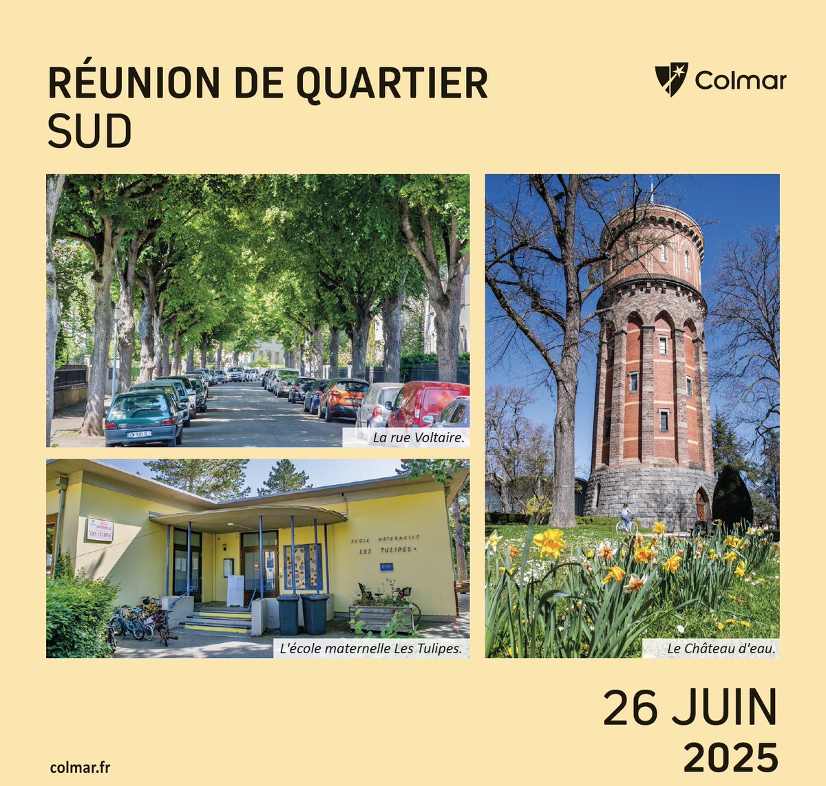 Réunion de quartier Sud
📅 26 juin à 18h30 - Cercle Saint-Martin – 13 avenue Joffre ! Venez découvrir les projets de la Ville et du quartier ! ✨ Les conseillers numériques de la Ville seront présents en permanence avant la réunion 14h30 à 18h30. colmar.fr/actualites/reu…