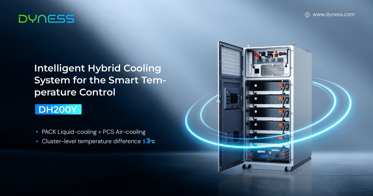 DynessESS's tweet image. ⚡Every 10°C rise in battery temp can halve its lifespan.
With PACK liquid + PCS air cooling, the #DynessDH200Y keeps cluster temp difference ≤3°C — boosting safety and performance.
👉:dyness.com/dh200y-all-in-…
#SmartCooling #EfficiencyRedefined #TemperatureControl #EnergyStorage
