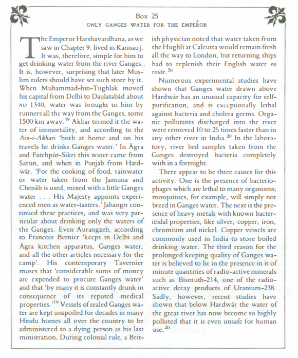 Ganges water and the Mughals 
- K.T.  Achaya, Indian Food (1994)