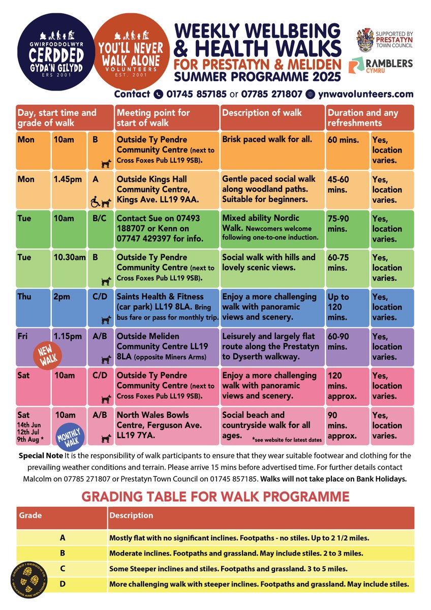 Here is our latest social #walking timetable (including our new Friday afternoon walk), covering Prestatyn and Meliden for Summer 2025. Hope to have you joining us very soon.