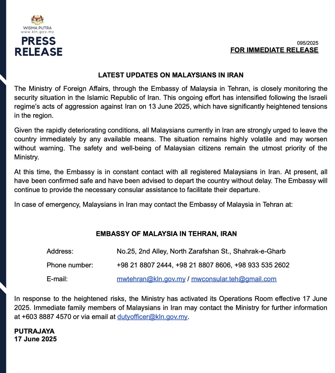 Leave Iran immediately by any available means, Malaysians told.