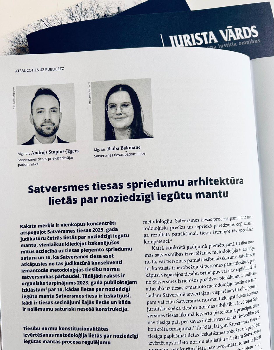 Satversmes tiesa (@satv_tiesa) on Twitter photo Šodienas <a href="/Jurista_Vards/">Jurista Vārds</a> Satversmes tiesas priekšsēdētājas padomnieks Andrejs Stupins-Jēgers un tiesas padomniece Baiba Bakmane koncentrēti atspoguļo Satversmes tiesas spriedumu arhitektūru 2025. gada lietās par noziedzīgi iegūtu mantu.
Pilns raksts: juristavards.lv/zurnals/286915… Šodienas <a href="/Jurista_Vards/">Jurista Vārds</a> Satversmes tiesas priekšsēdētājas padomnieks Andrejs Stupins-Jēgers un tiesas padomniece Baiba Bakmane koncentrēti atspoguļo Satversmes tiesas spriedumu arhitektūru 2025. gada lietās par noziedzīgi iegūtu mantu.
Pilns raksts: juristavards.lv/zurnals/286915…
